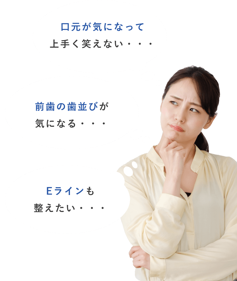 口元が気になって上手く笑えない・・・　前歯の歯並びが気になる・・・　Eラインも整えたい・・・