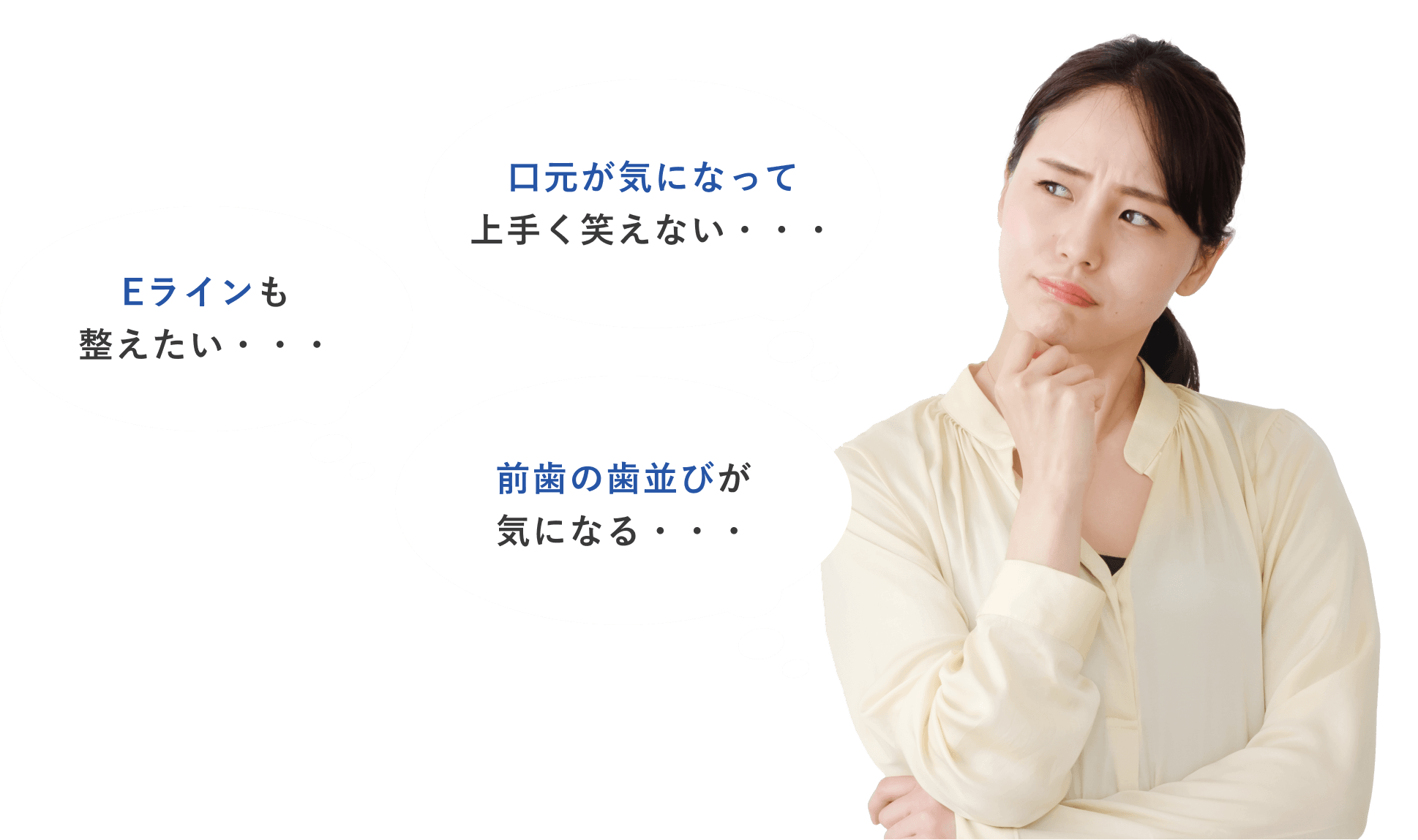 口元が気になって上手く笑えない・・・　前歯の歯並びが気になる・・・　Eラインも整えたい・・・